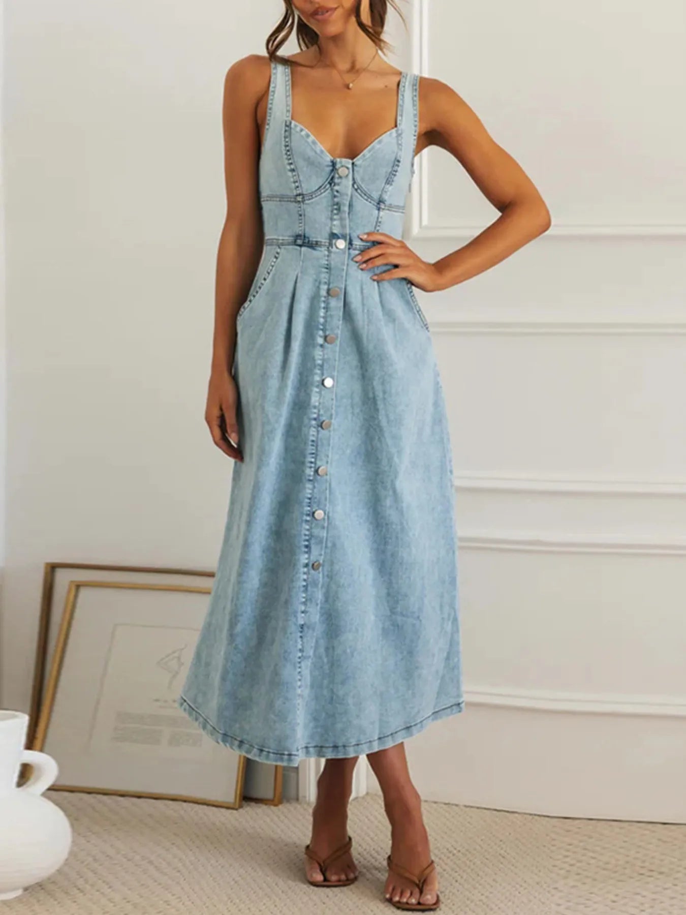 Sweetheart Neck Button-Front Midi Denim Dress Easy Apparels