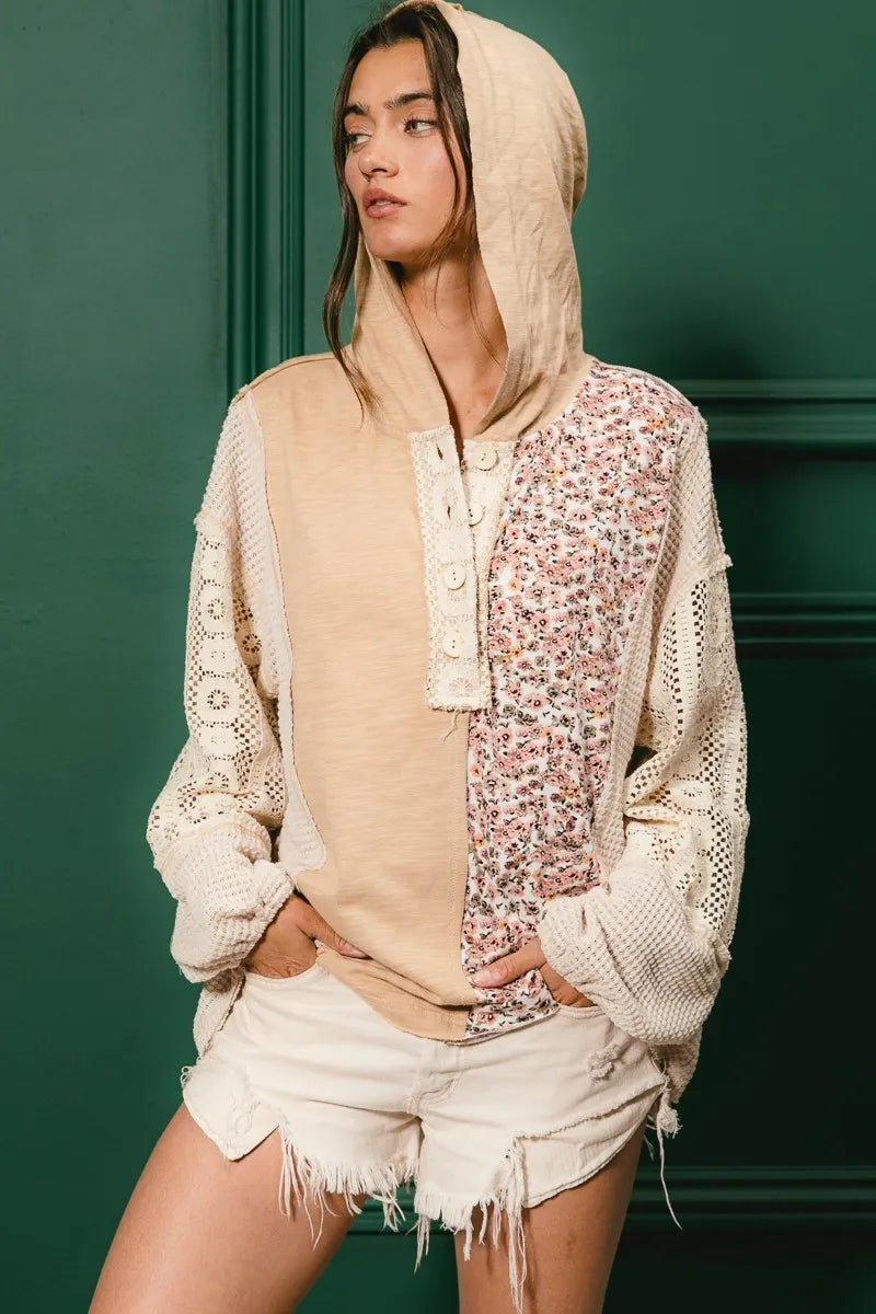 Trendsi BiBi Slub Jersey with Lace Combo Buttoned Hoodie Top