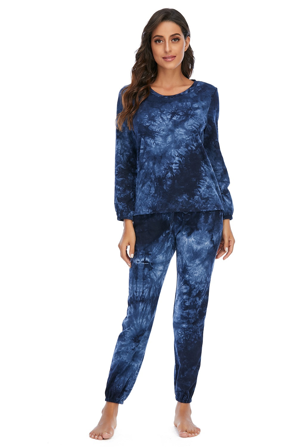 Tie-Dye Top and Drawstring Pants Lounge Set Dark Blue Easy Apparels
