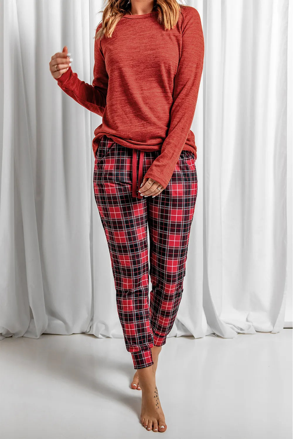 Round Neck Top and Drawstring Plaid Pants Lounge Set Easy Apparels