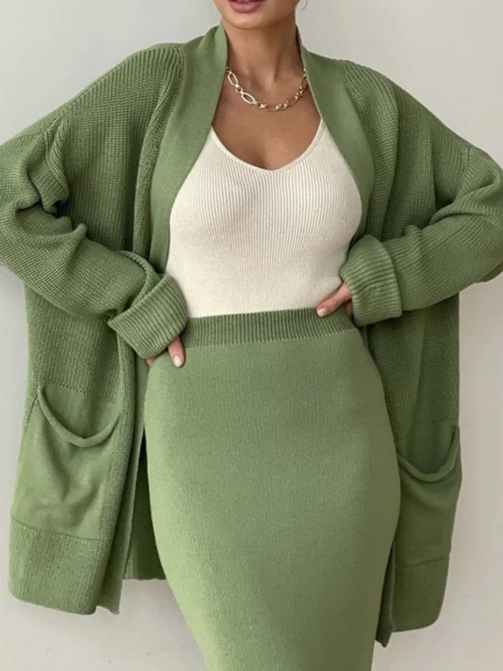 Pocketed Long Sleeve Cardigan and Skirt Sweater Set Easy Apparels