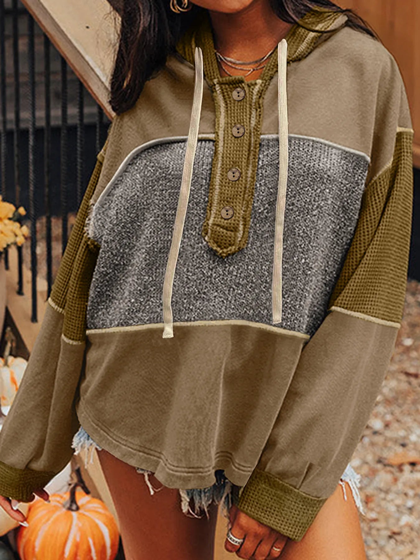 Trendsi Mixed Texture Patchwork Exposed Seam Half Button Hoodie