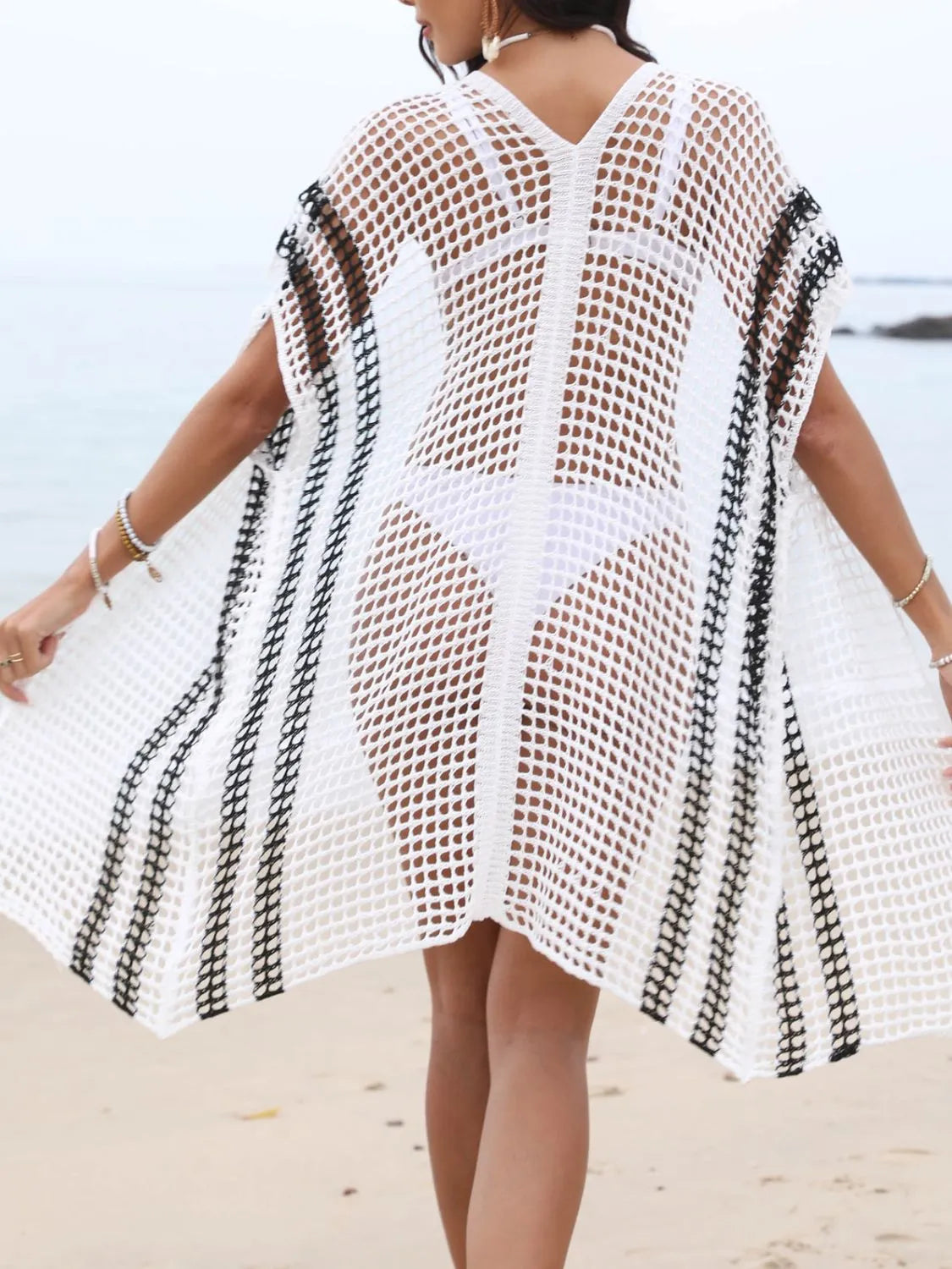 Open Front Contrast Openwork Cover-Up Easy Apparels