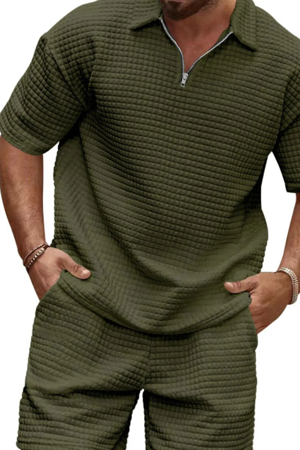 Men's Full Size Zip Collar Short Sleeve Top and Shorts Set Plus Size Army Green Easy Apparels