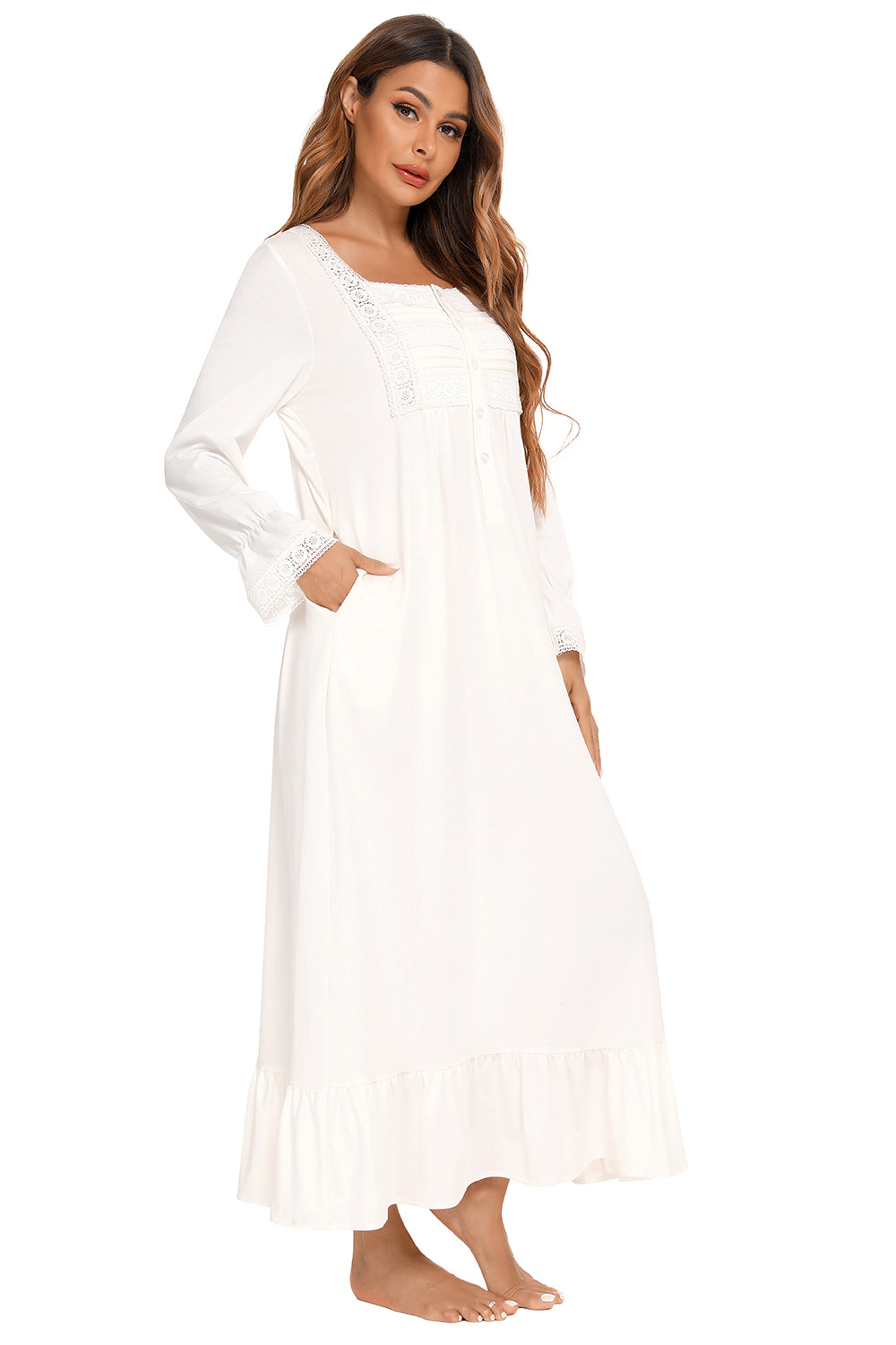 Lace Detail Square Neck Flounce Sleeve Night Dress Easy Apparels