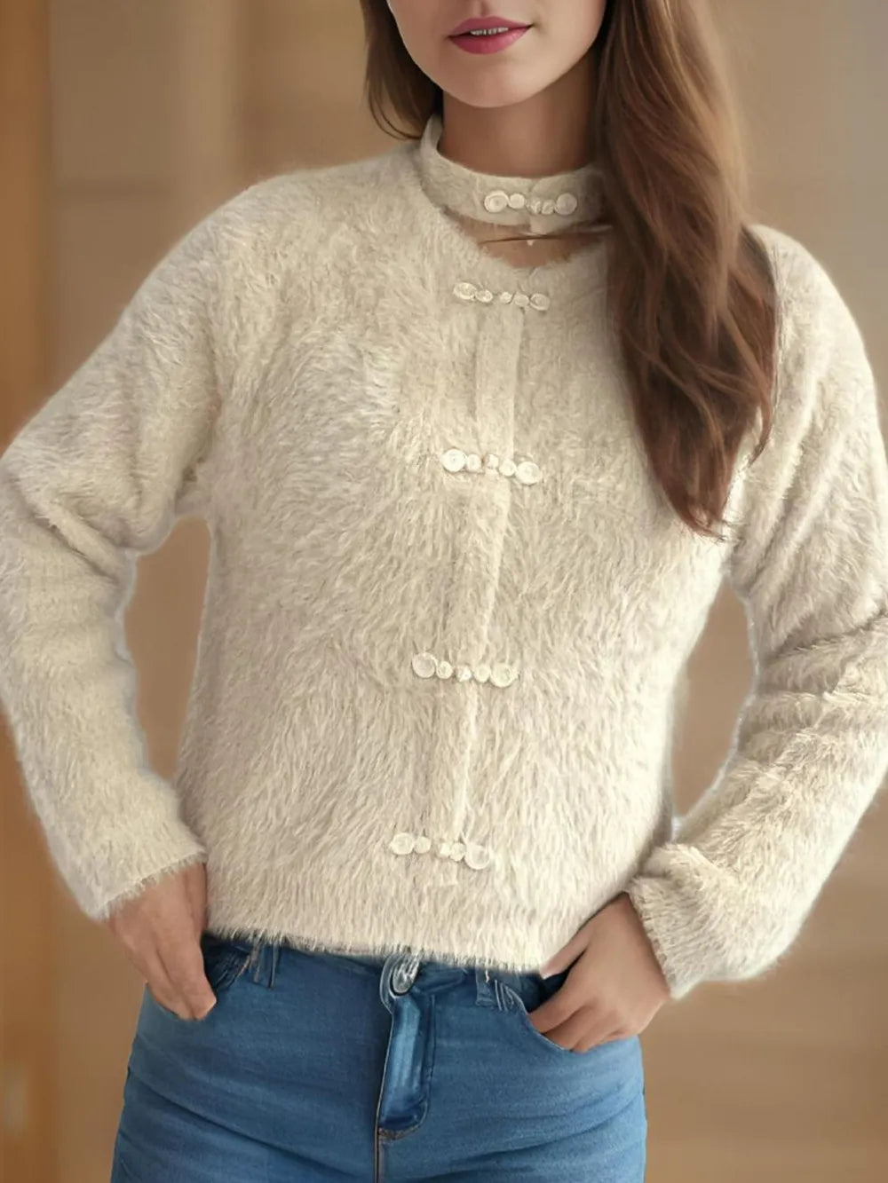 Cutout Knot Button Long Sleeve Cardigan Beige One Size Easy Apparels