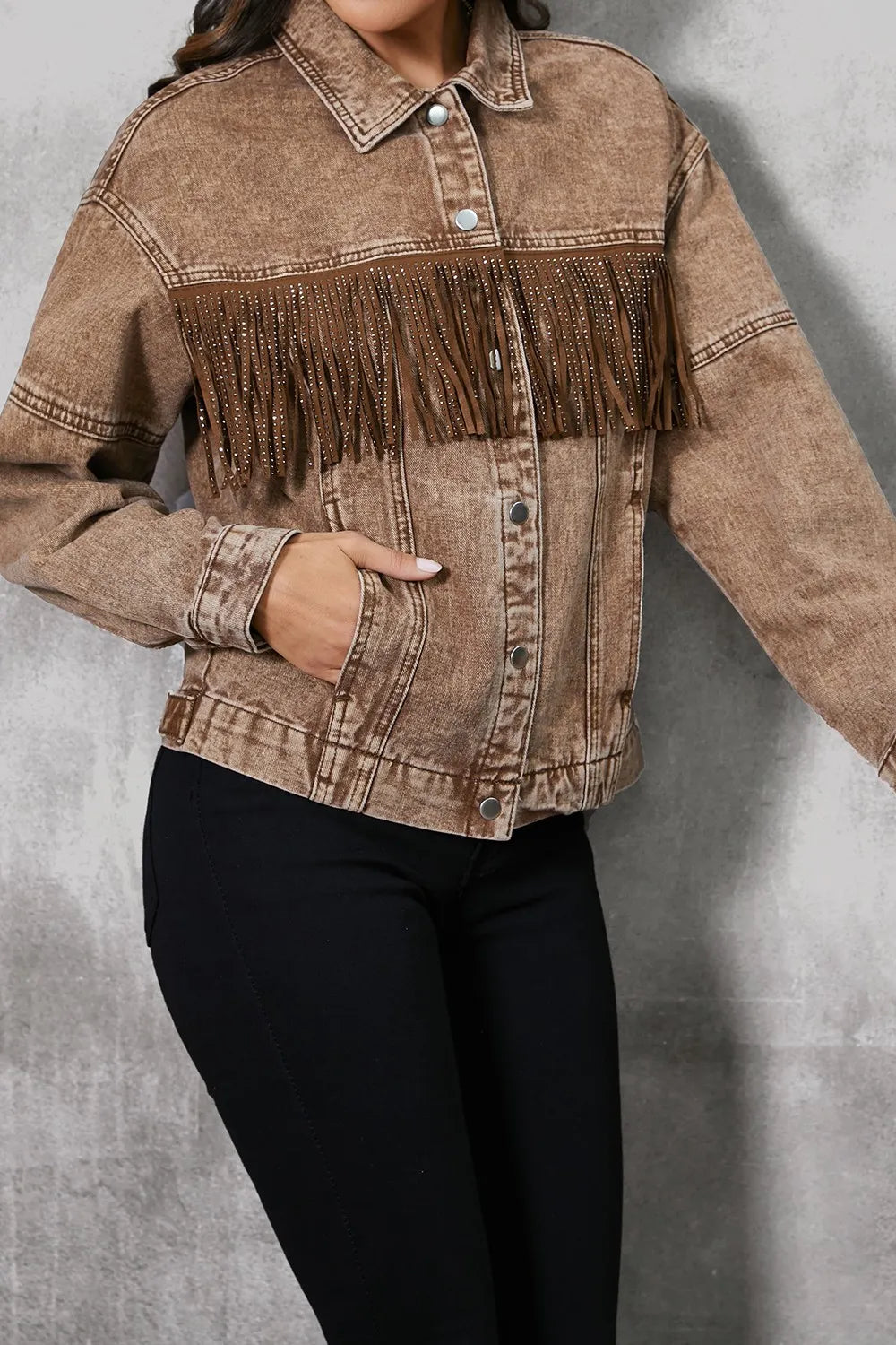 Fringe Trim Snap Down Denim Jacket Easy Apparels
