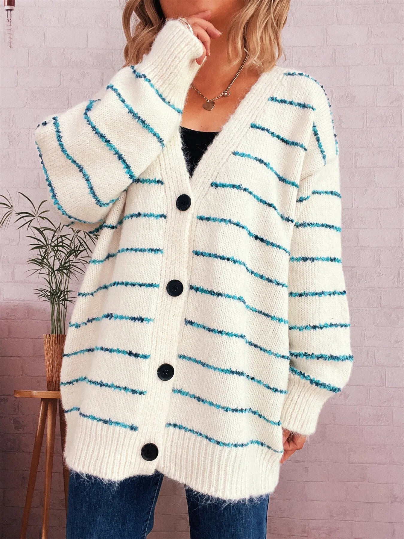 Striped Button-Up Cardigan with V-Neck Design Easy Apparels