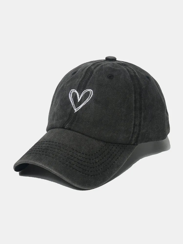 Embroidered Heart Washed Cotton Baseball Cap Black One Size Easy Apparels