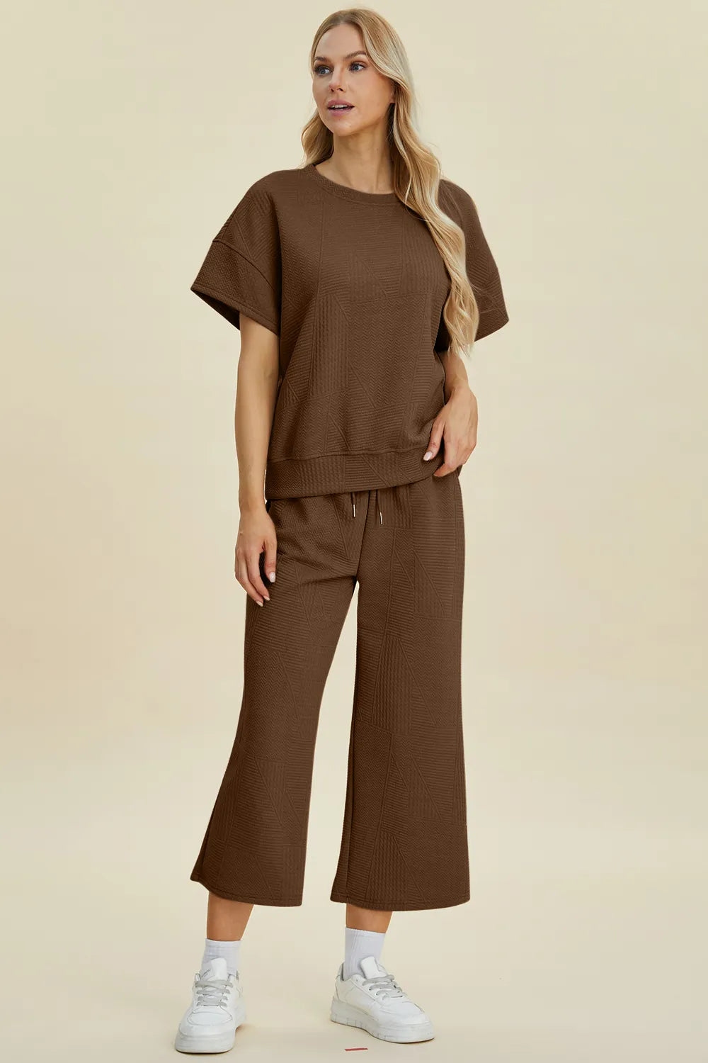 Double Take Full Size Texture Round Neck Top and Pants Set Easy Apparels