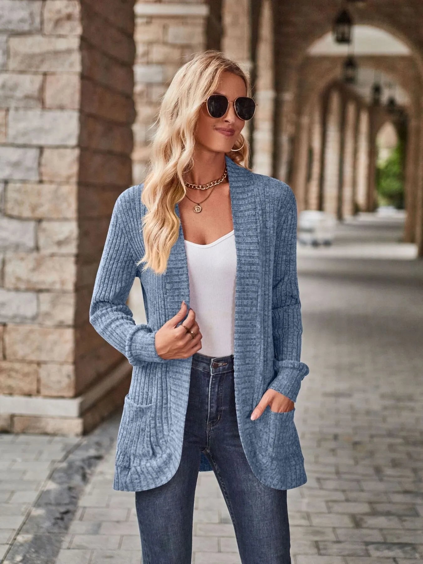 Ribbed Open Front Long Cardigan with Pockets Easy Apparels