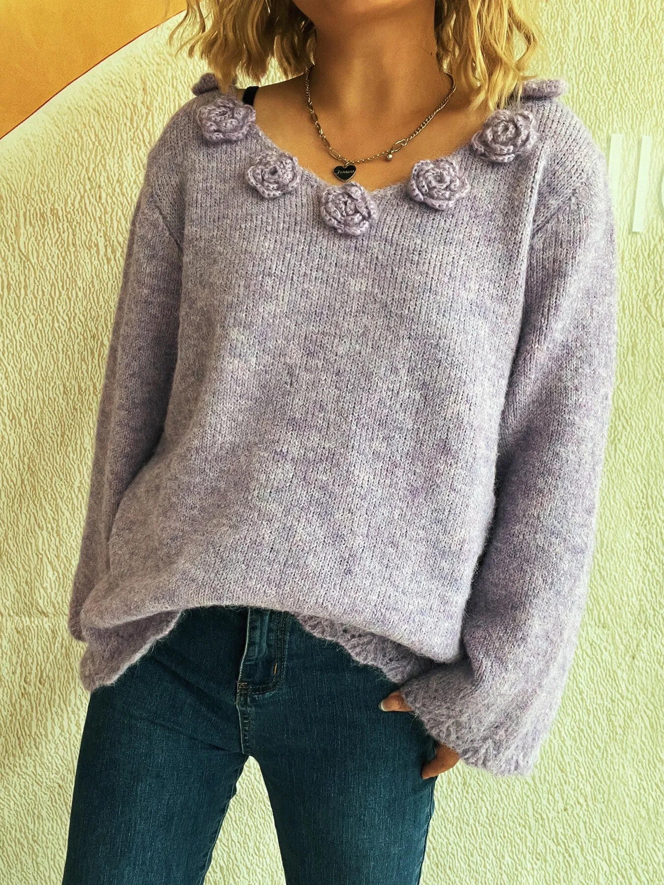 Trendsi Flower V-Neck Long Sleeve Sweater