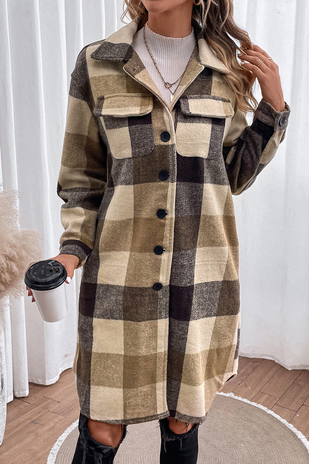 Plaid Button Down Longline Coat Khaki Easy Apparels