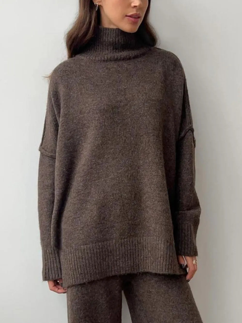 Slit Turtleneck Long Sleeve Top and Pants Sweater Set Easy Apparels