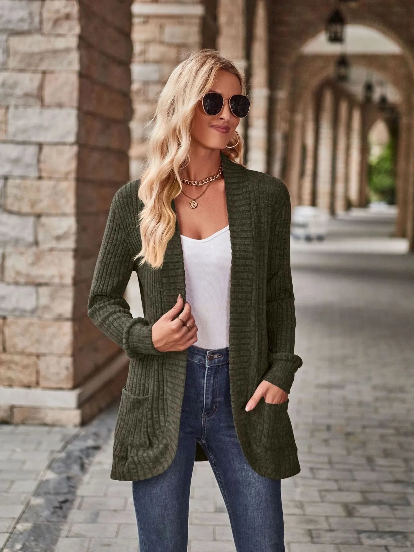 Ribbed Open Front Long Cardigan with Pockets Easy Apparels