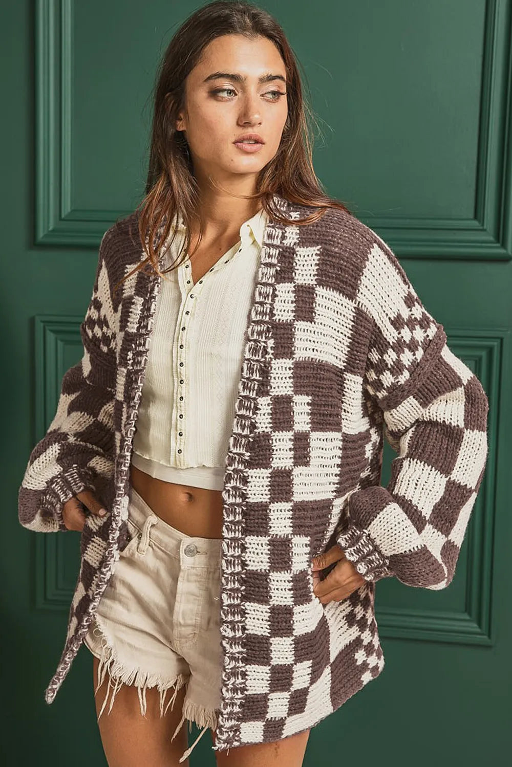 Checkered Open Front Long Sleeve Cardigan Easy Apparels