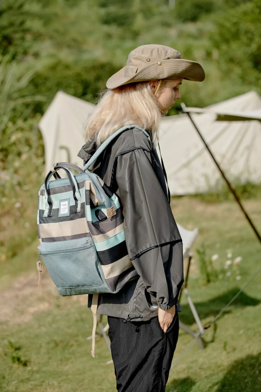 Himawari Striped Waterproof Nylon Backpack Bag with Side Pockets Sage One Size Easy Apparels