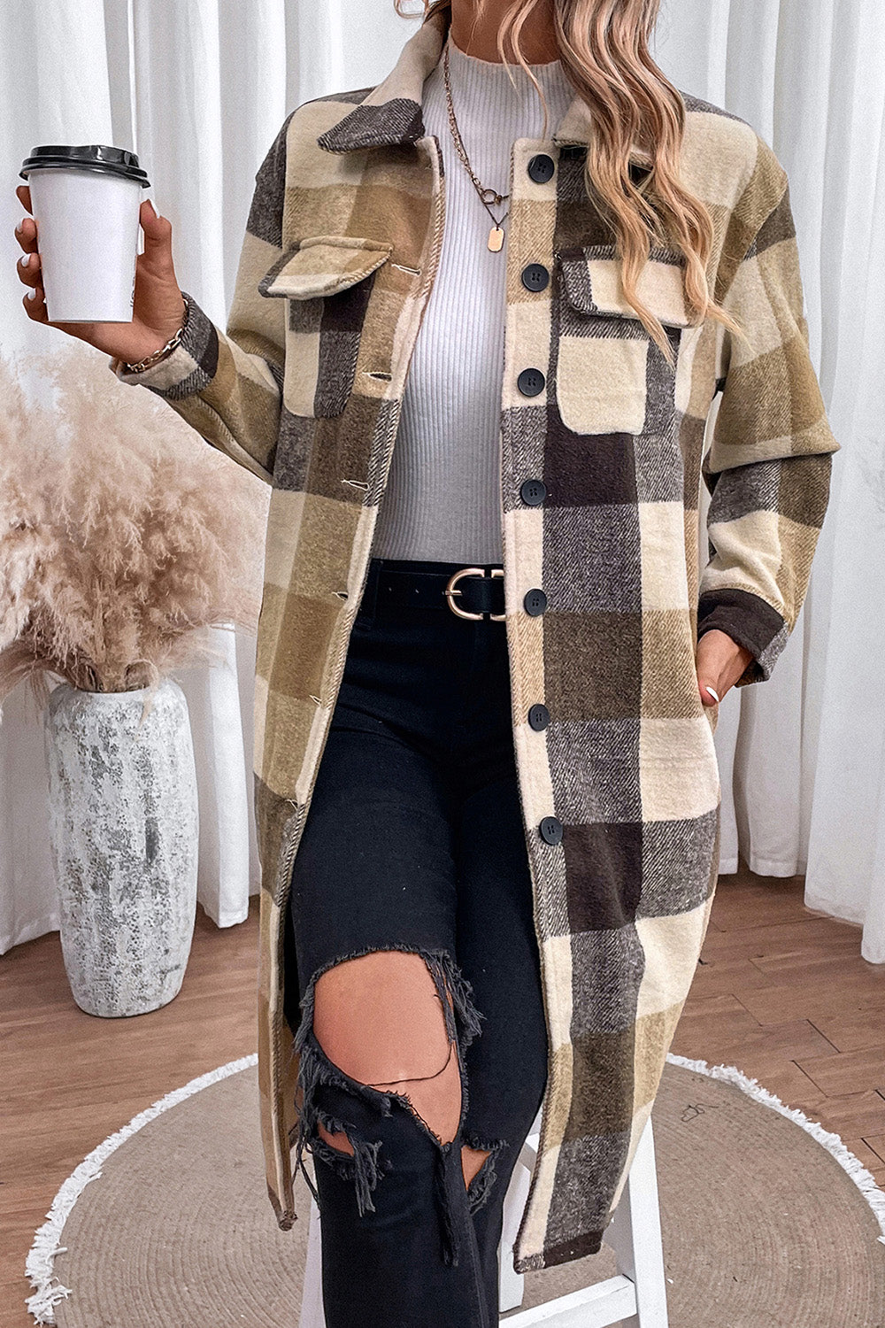 Plaid Button Down Longline Coat Easy Apparels