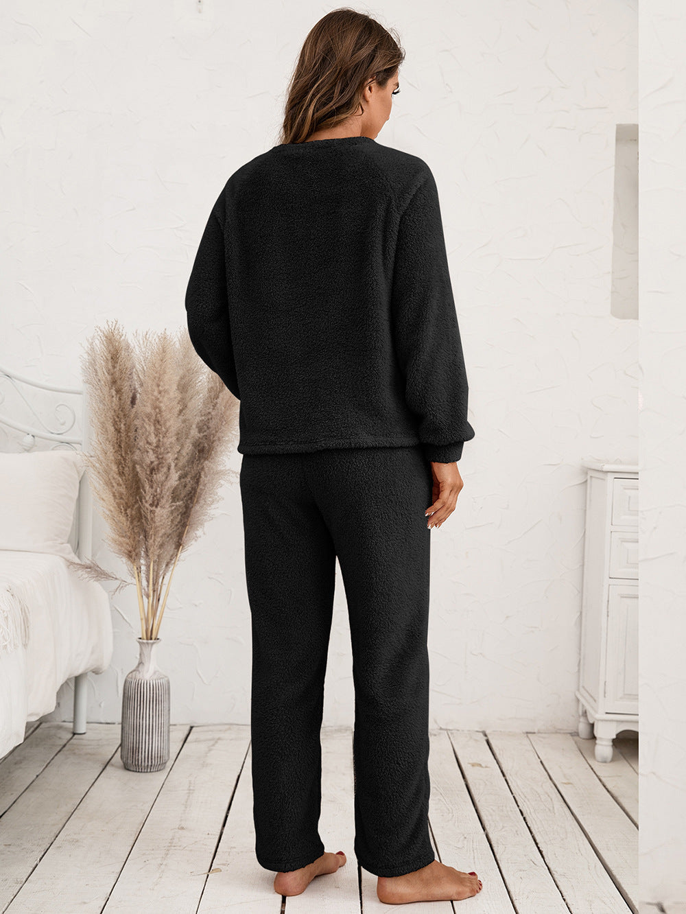 Ivy Lane Teddy Long Sleeve Top and Pants Lounge Set Easy Apparels