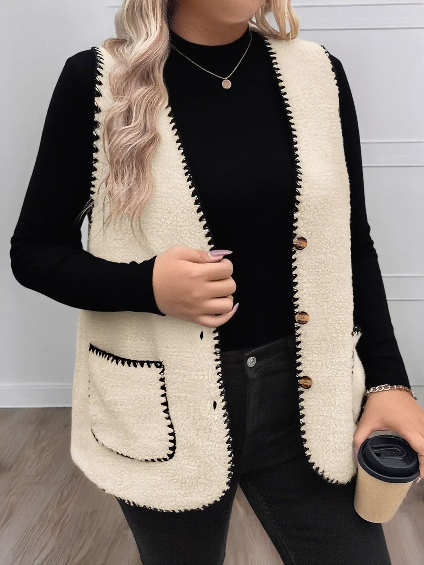 Plus Size Contrast Trim Button Up Vest Coat Easy Apparels