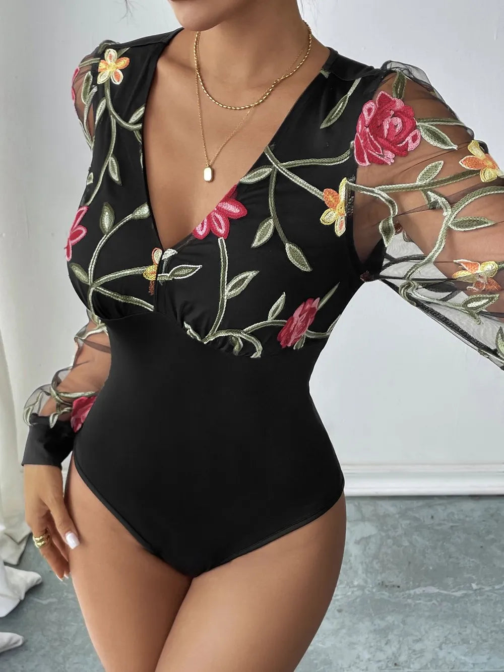 Trendsi Perfee Embroidered V-Neck Long Sleeve Bodysuit