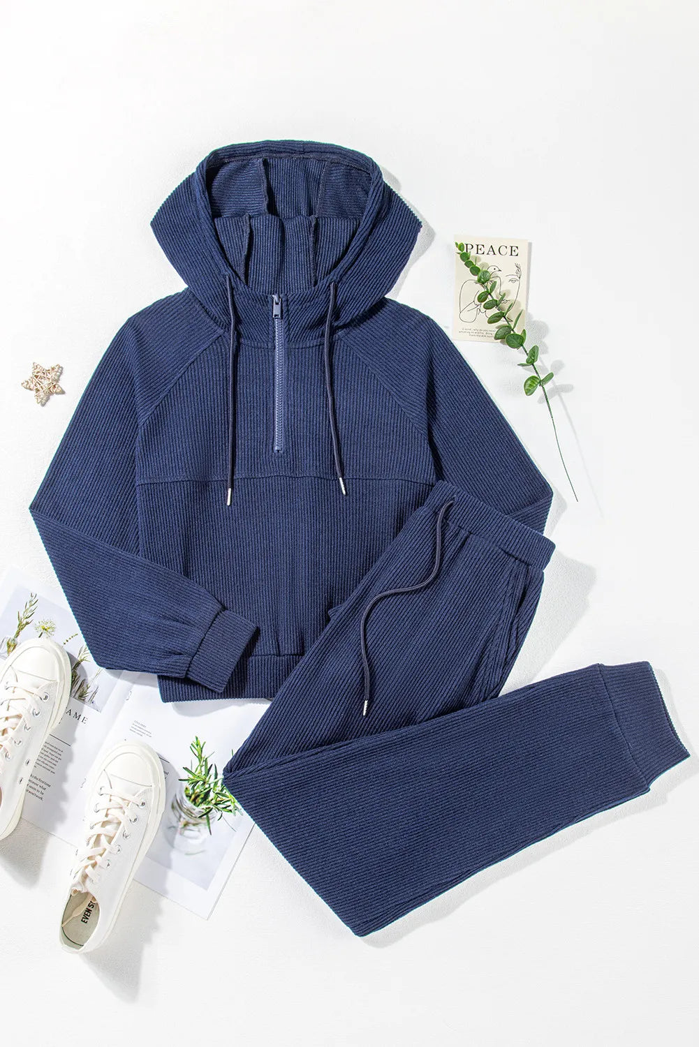 Drawstring Half Zip Hoodie and Joggers Active Set Easy Apparels