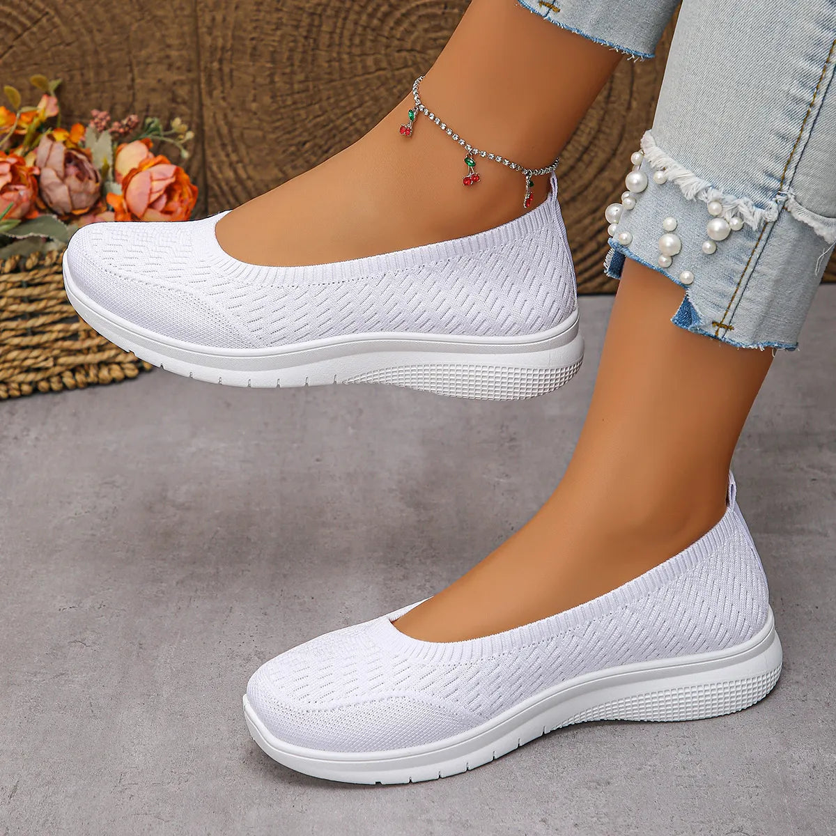 Round Toe Mesh Slip-Ons White Easy Apparels