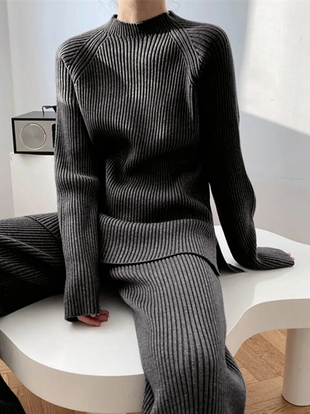 Mock Neck Raglan Sleeve Top and Pants Sweater Set Easy Apparels