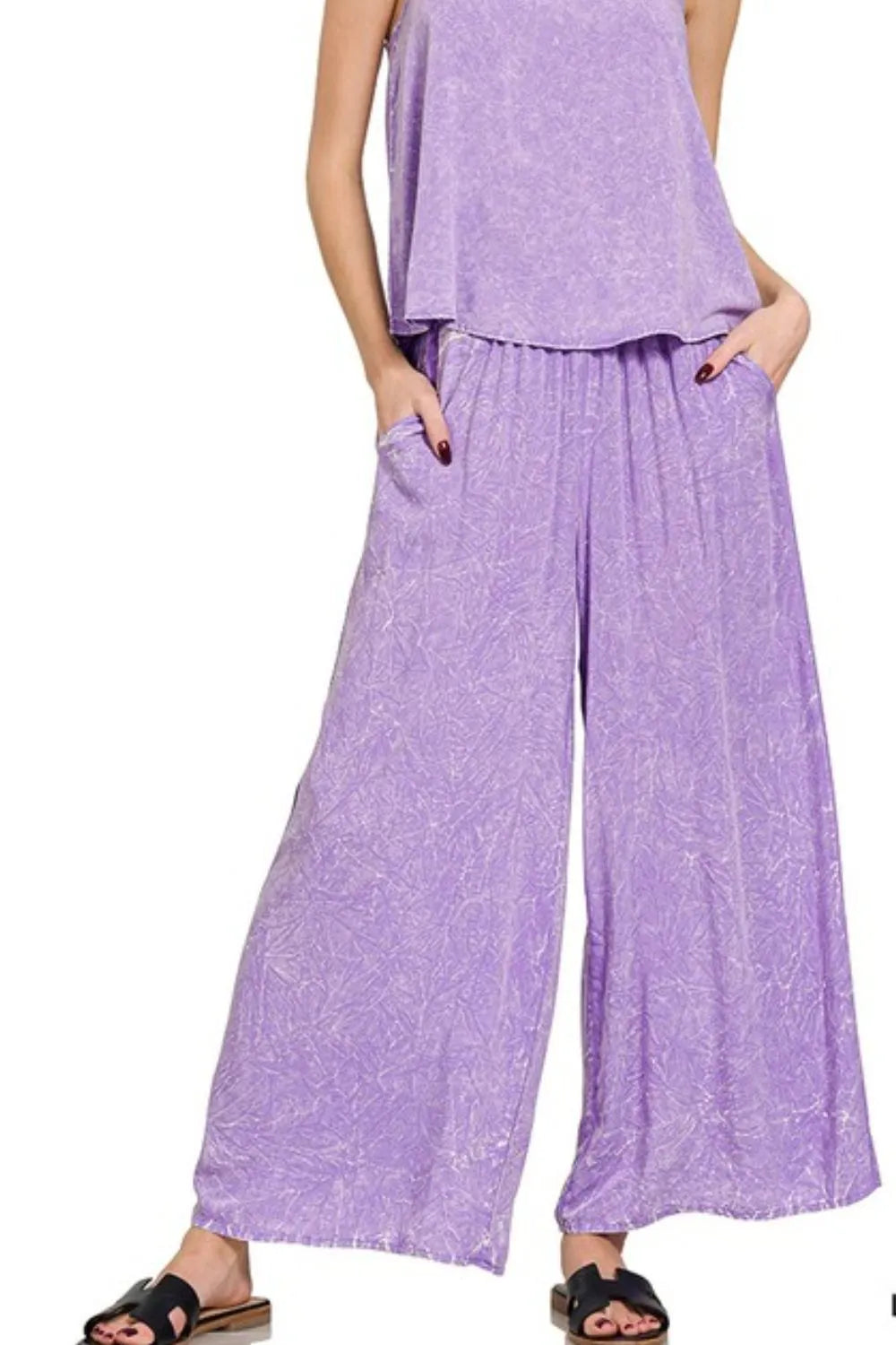 Zenana Woven Acid Crinkle Washed Cami & Pants 2 Piece Set Easy Apparels
