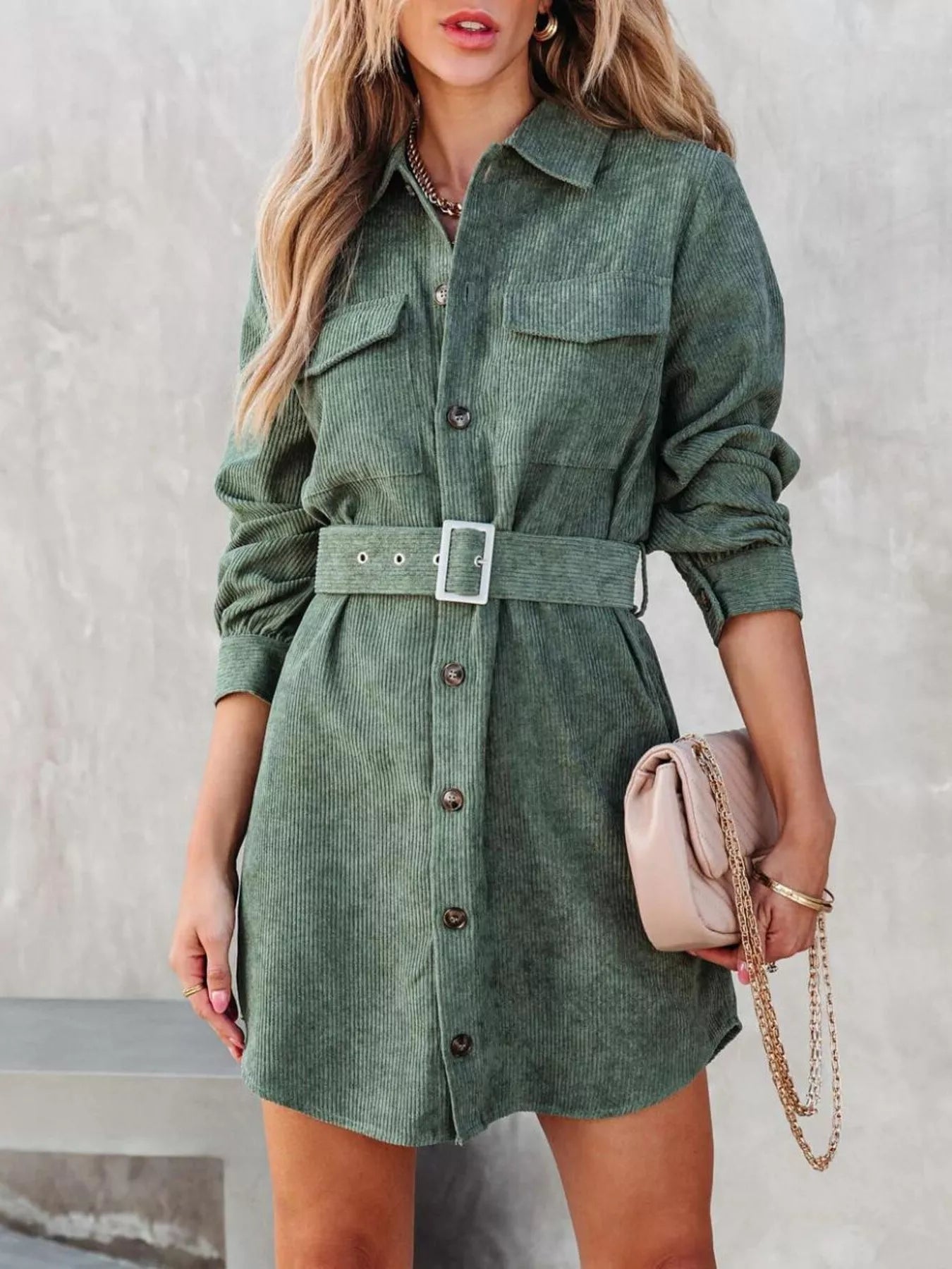 Button Front Belt Long Sleeve Corduroy Dress Green Easy Apparels