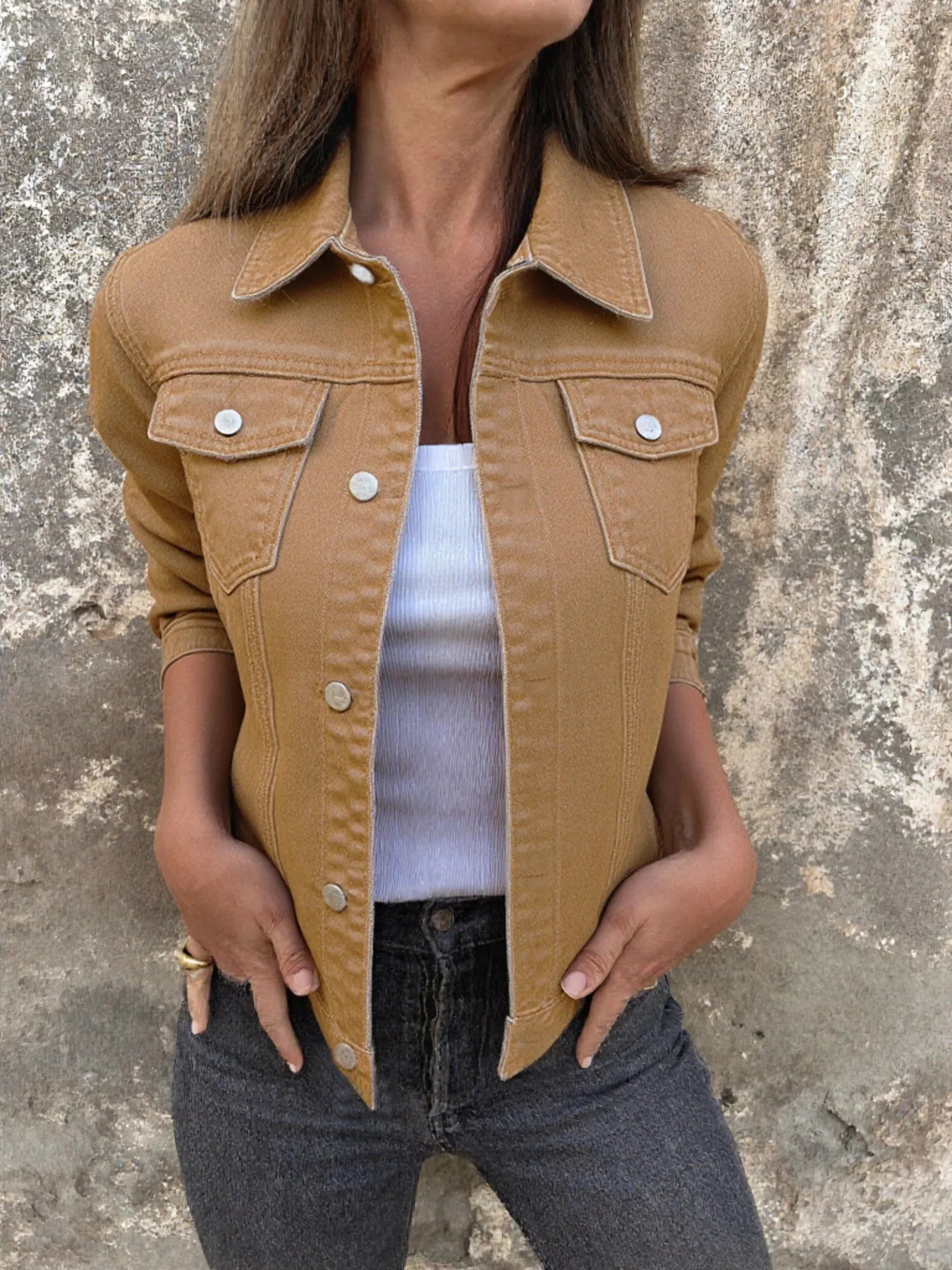 Button Front Closure Denim Jacket Camel Easy Apparels
