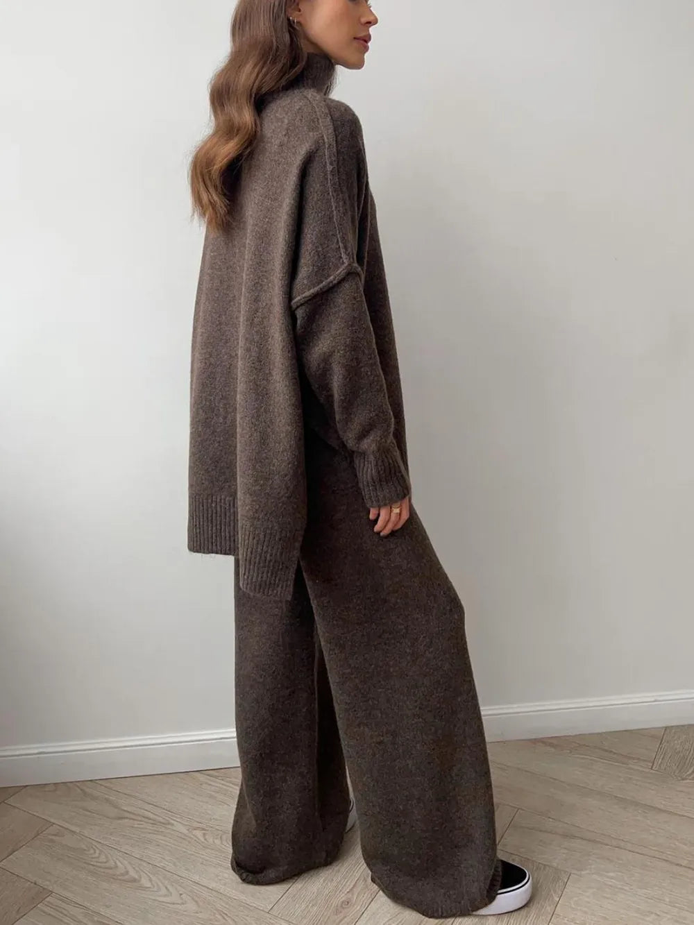 Slit Turtleneck Long Sleeve Top and Pants Sweater Set Easy Apparels