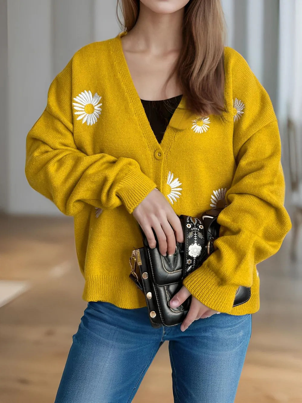 Daisy Button Up V-Neck Cardigan Easy Apparels