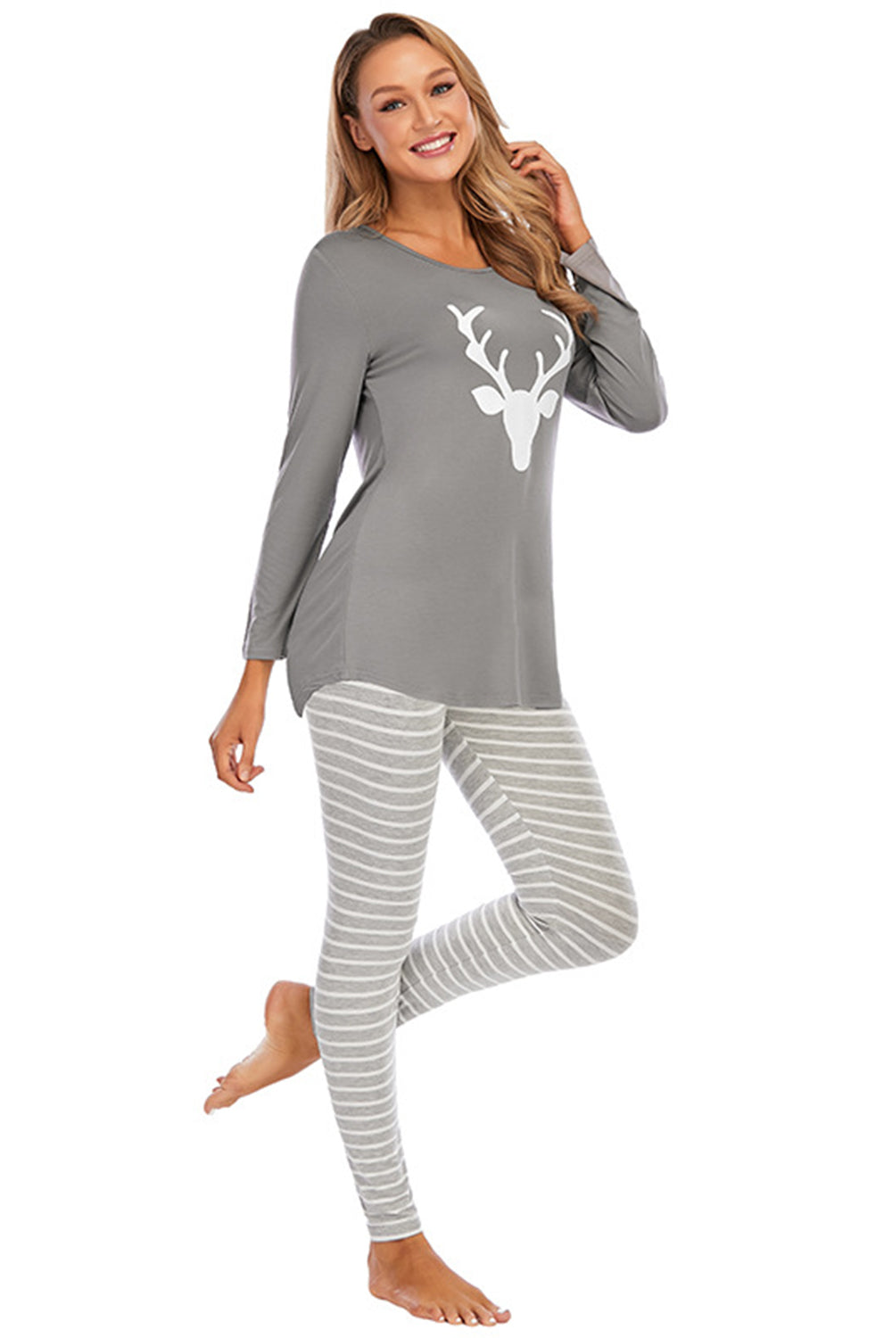 Graphic Round Neck Top and Striped Pants Set Easy Apparels