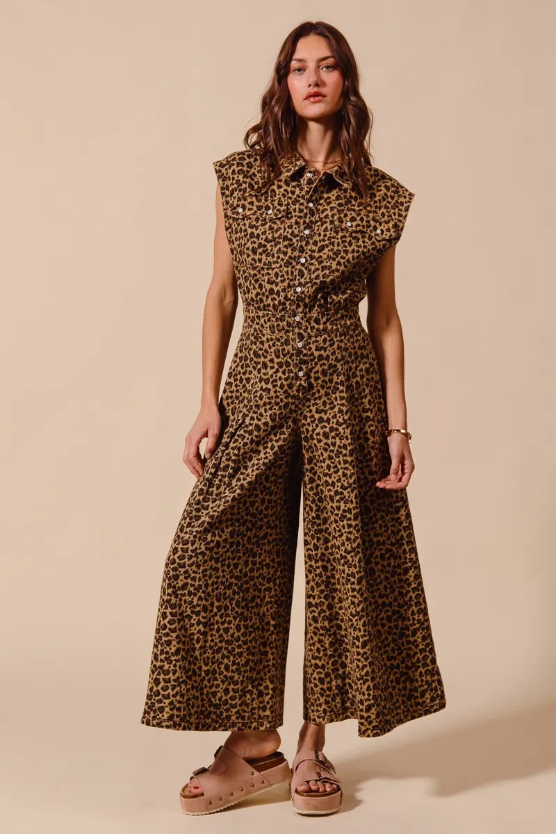 SO ME Wide Leg Leopard Twill Overalls Jumpsuit with Tuck Easy Apparels