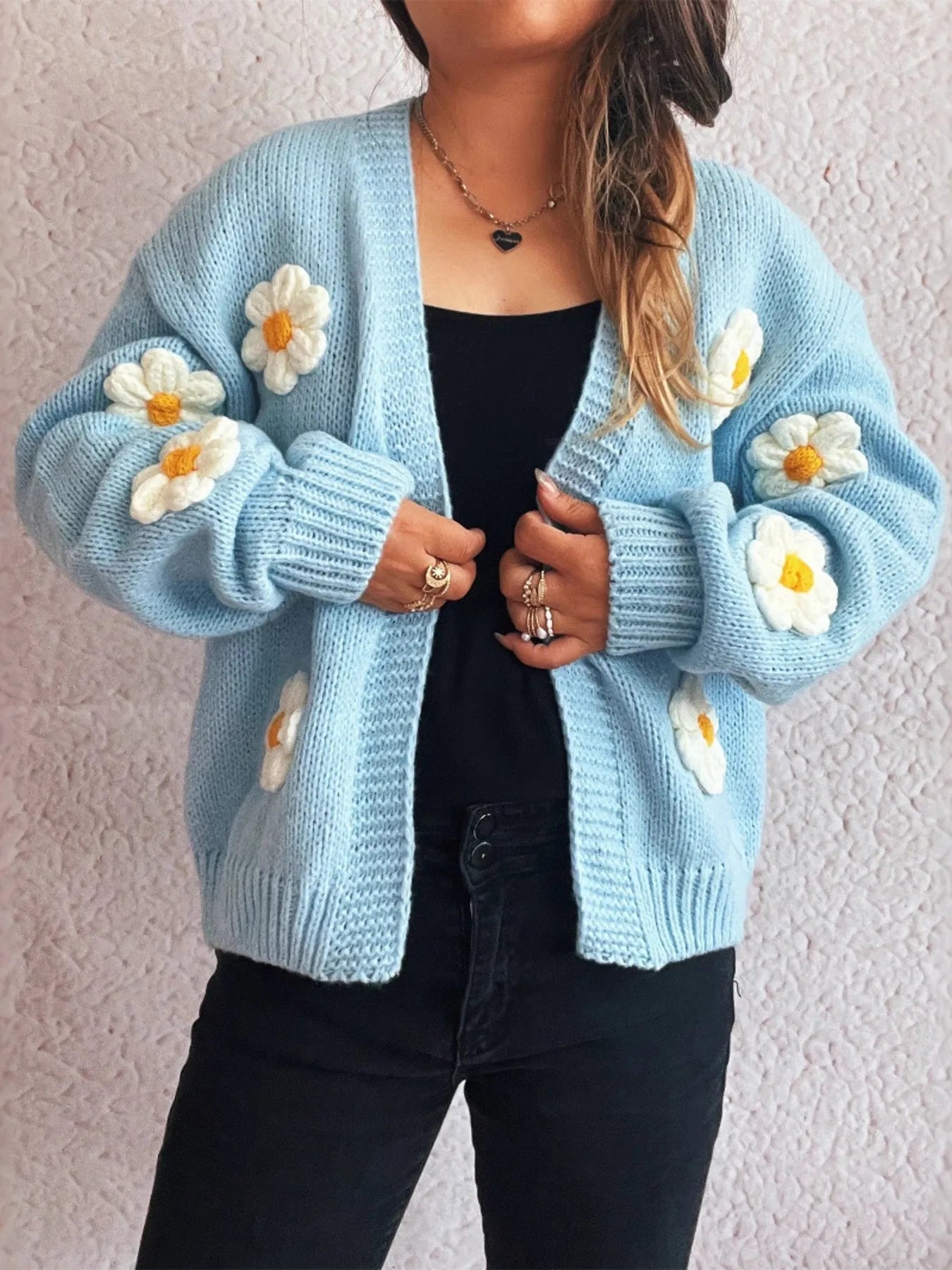 Flower Open Front Long Sleeve Cardigan Easy Apparels