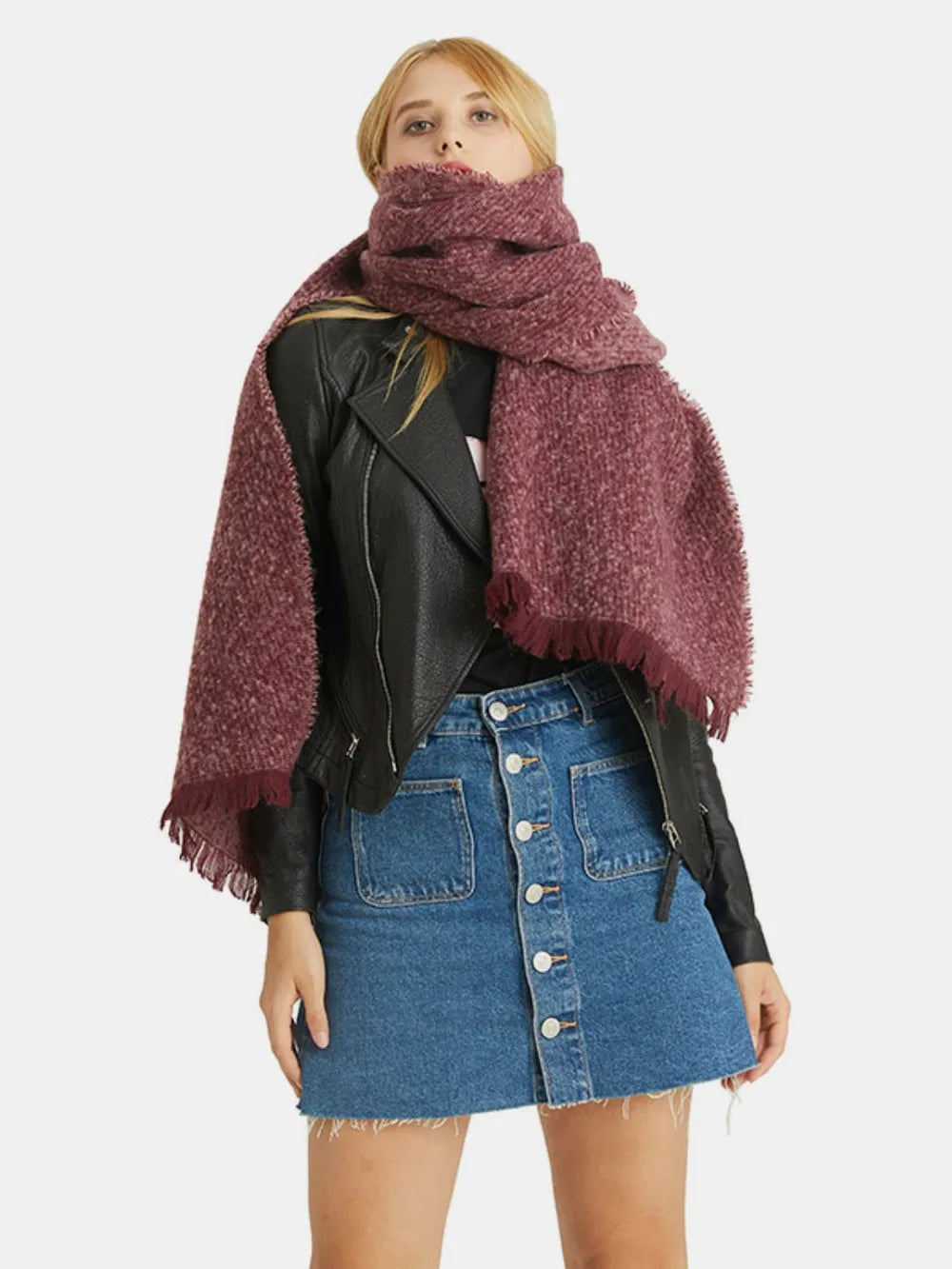 Raw Hem Heathered Polyester Scarf Burgundy One Size Easy Apparels