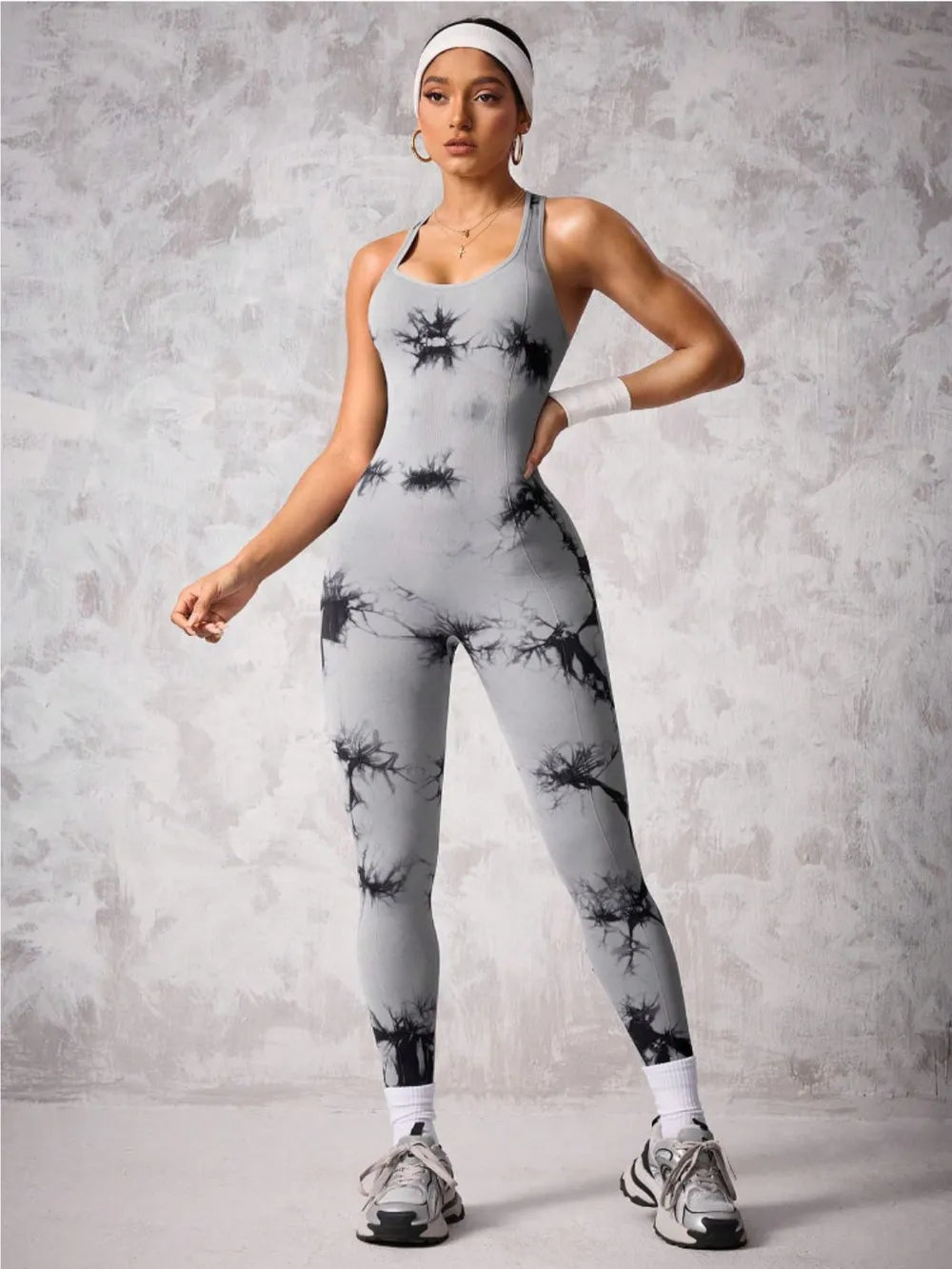 Back Crisscross Tie-Dye Scoop Neck Active Jumpsuit Easy Apparels