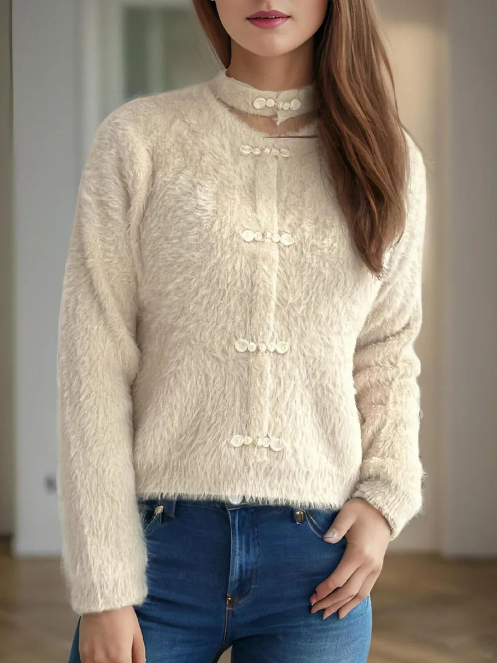 Cutout Knot Button Long Sleeve Cardigan Easy Apparels