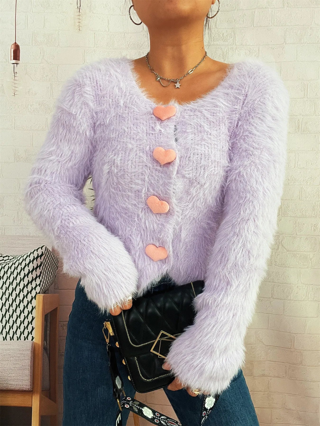 Fuzzy Heart Shape Button-Up Cardigan Easy Apparels