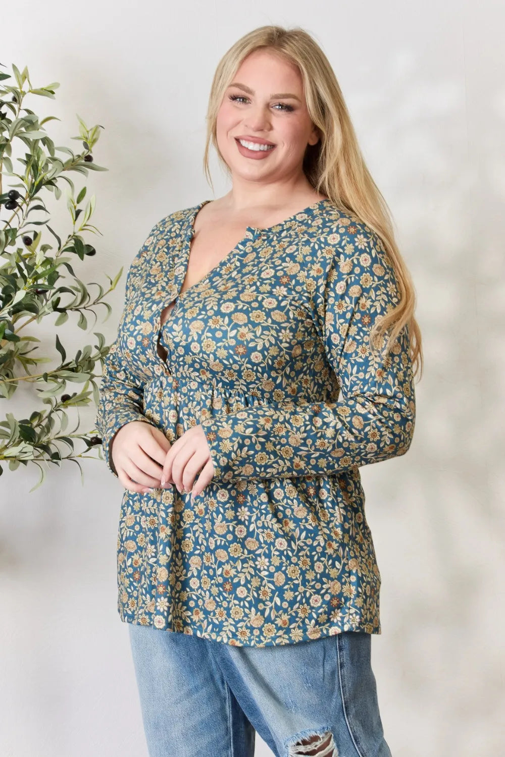 Trendsi Heimish Full Size Floral Half Button Long Sleeve Blouse