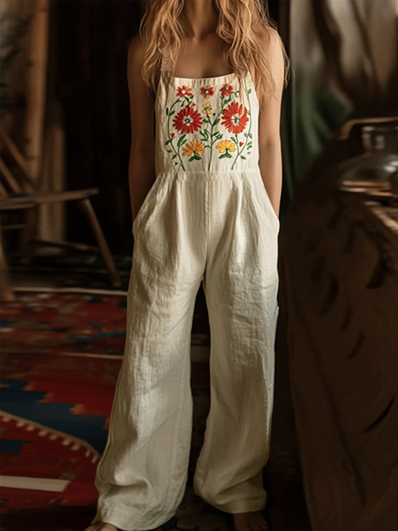 Floral Embroidered Wide Leg Jumpsuit Easy Apparels