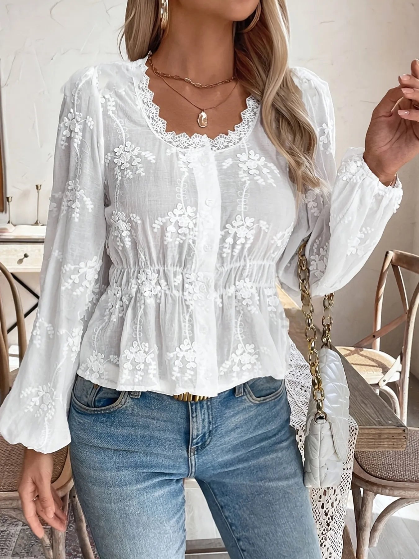 Trendsi Lace Detail Button Up Shirt