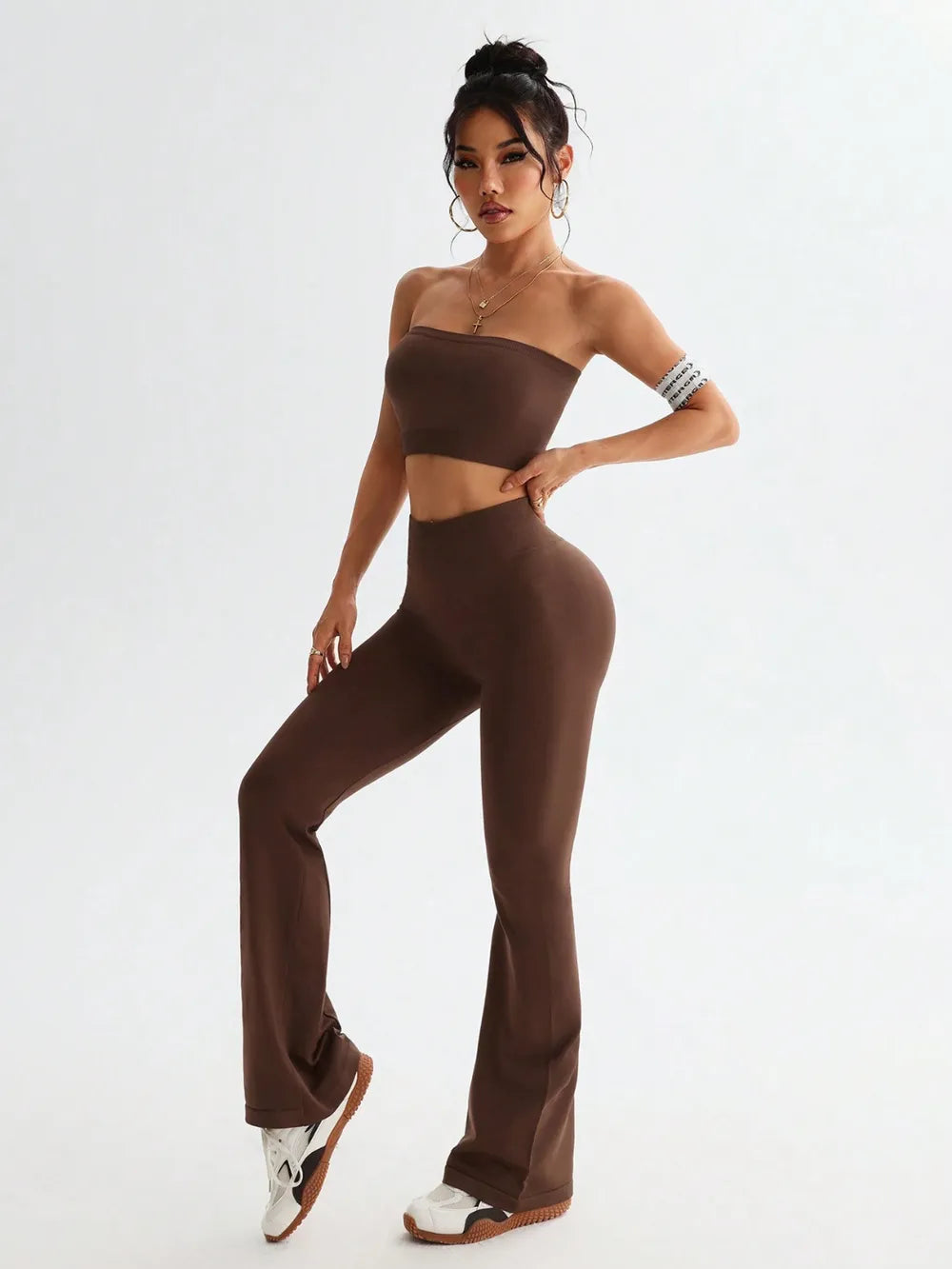 Tube Top and High Waist Flare Pants Active Set Brown Easy Apparels