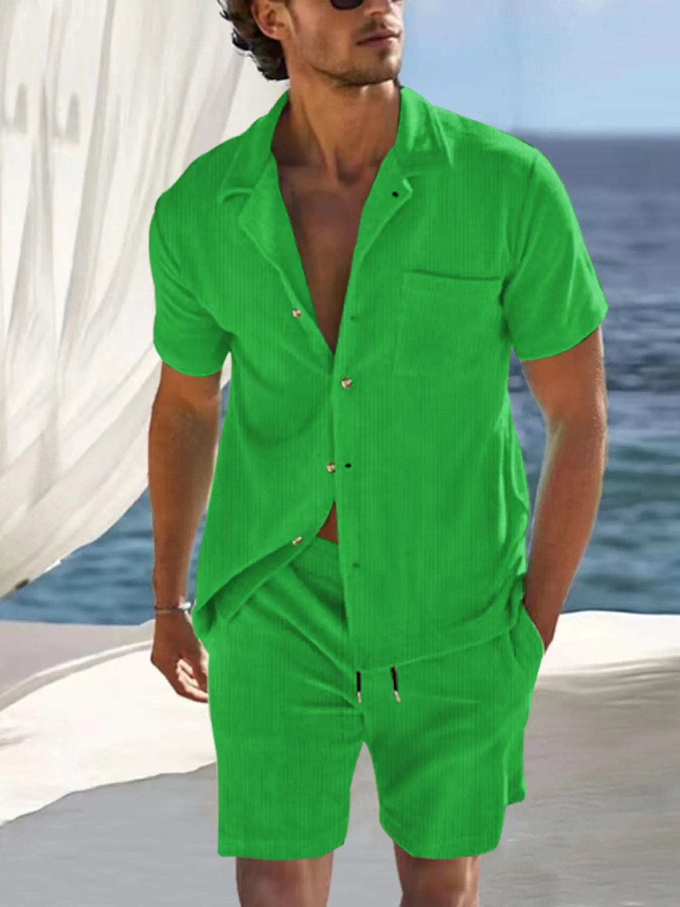 Men's Full Size Button Detail Short Sleeve Top and Shorts Set Plus Size Grass Green Easy Apparels