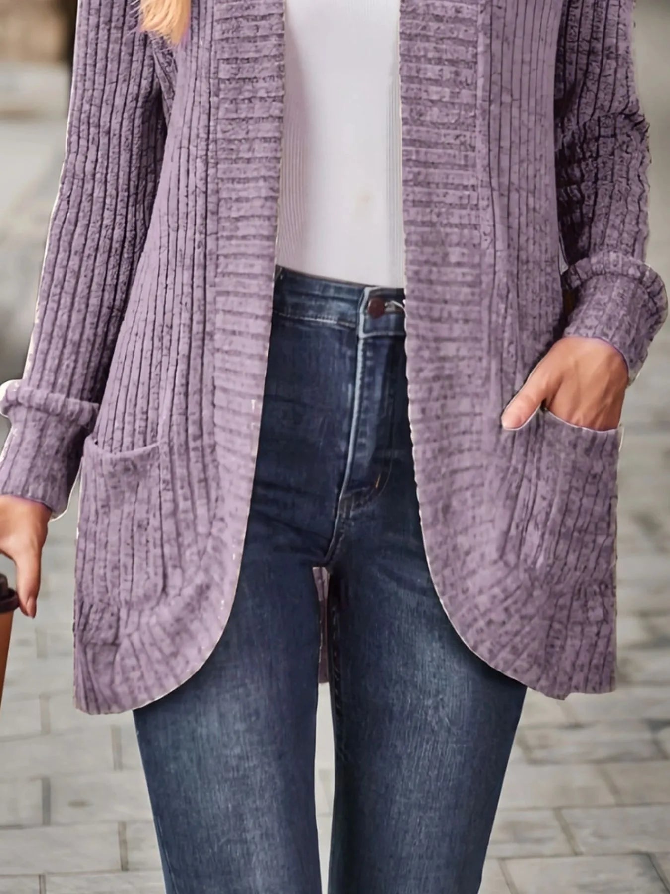 Ribbed Open Front Long Cardigan with Pockets Easy Apparels