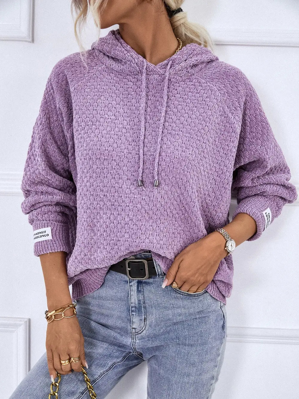 Texture Drawstring Long Sleeve Hooded Sweater Easy Apparels