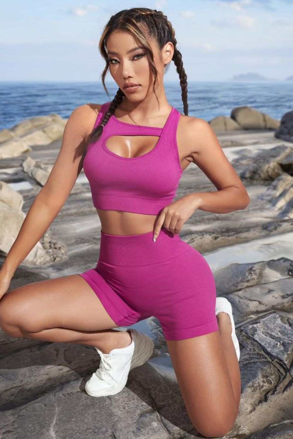 Cutout Crop Top and Sports Shorts Set Red-Violet Easy Apparels