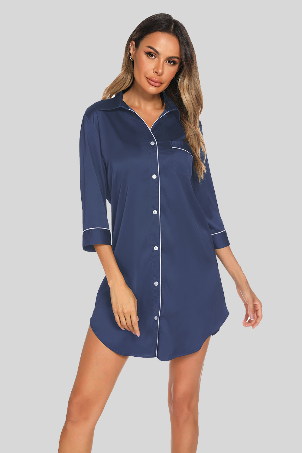 Button Up Collared Neck Night Dress with Pocket French Blue Easy Apparels