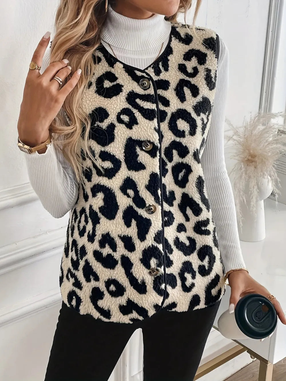Leopard Button Up Sherpa Vest Easy Apparels